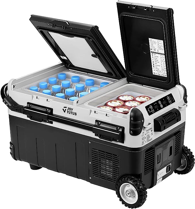 12 Volt Refrigerator, 30 Quart (28L) Car Portable Refrigerator Dual Zone Fridge with Wheels, Camping Freezer Electric Cooler with Ice Cream Mode for Road Trip, RV, Vehicle, Truck, Van, Outdoor and Home